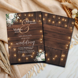 Brown Wood String Lights White Roses Wedding Invitation