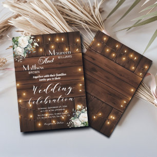 Brown Wood String Lights White Roses Wedding Invitation