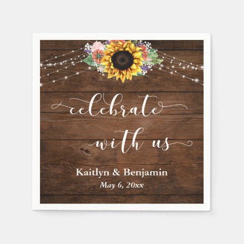 Brown Wood Sunflower Lights Celebrate with Us Napkins