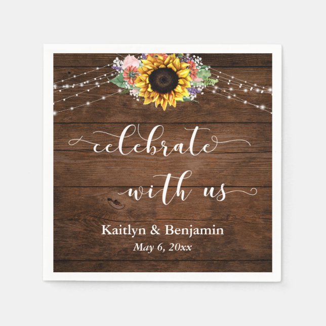 Brown Wood Sunflower Lights Celebrate with Us Napkins (Front)