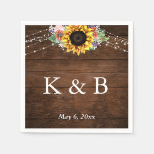 Brown Wood Sunflower Lights Initials & Date Napkins