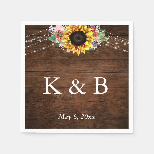 Brown Wood Sunflower Lights Initials & Date Napkins (Front)