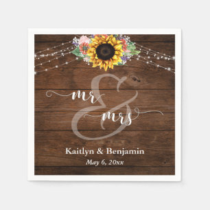 Brown Wood Sunflower Lights Mr and Mrs Napkins