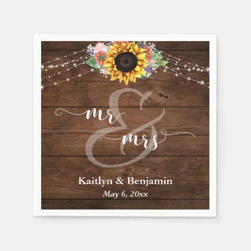 Brown Wood Sunflower Lights Mr and Mrs Napkins