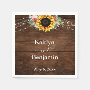 Brown Wood Sunflower Lights Names & Date Napkins