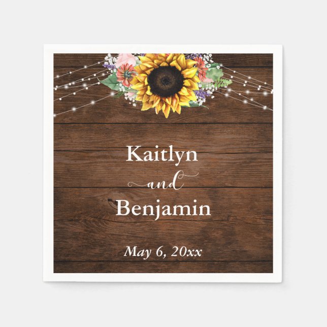 Brown Wood Sunflower Lights Names & Date Napkins (Front)