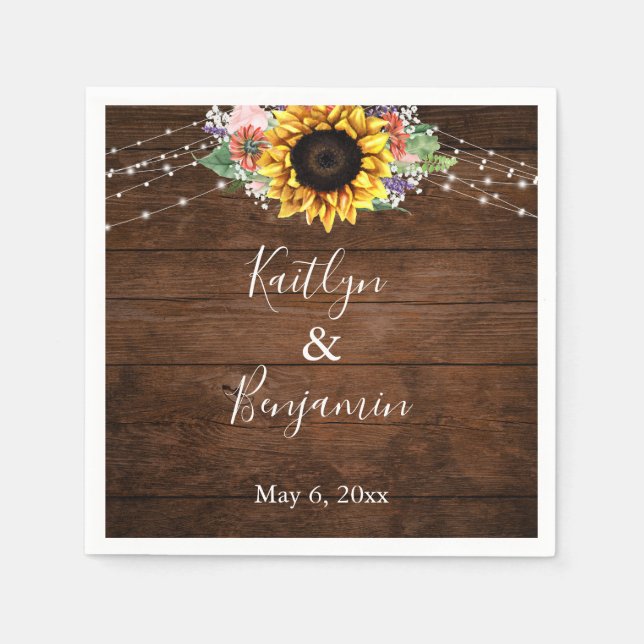 Brown Wood Sunflower Lights Names & Date Napkins (Front)