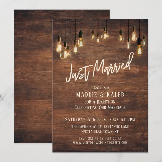 Brown Wood Wall with Edison Lights, Just Married Invitation (Front/Back)