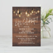 Brown Wood Wall with Edison Lights Let's Celebrate Invitation (Standing Front)