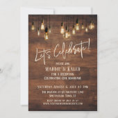 Brown Wood Wall with Edison Lights Let's Celebrate Invitation (Front)
