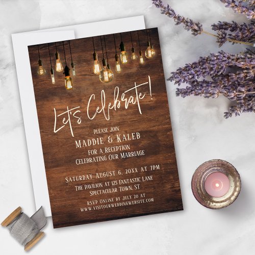 Brown Wood Wall with Edison Lights Lets Celebrate Invitation
