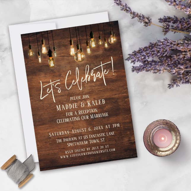 Brown Wood Wall with Edison Lights Let's Celebrate Invitation