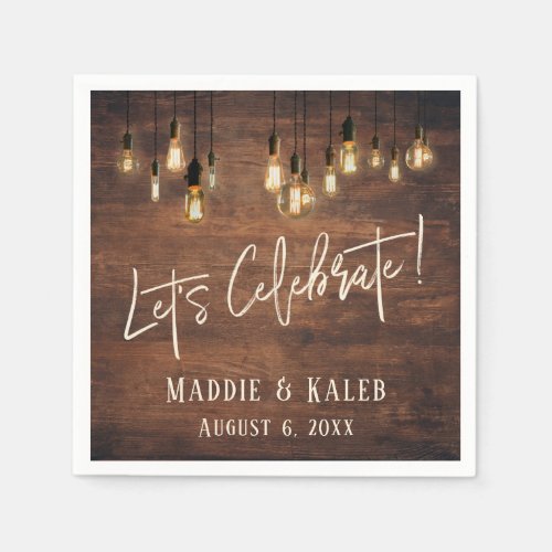 Brown Wood Wall with Edison Lights Lets Celebrate Napkins