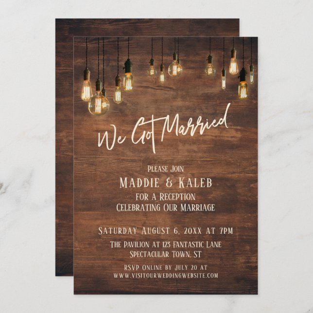 Brown Wood Wall with Edison Lights, We Got Married Invitation (Front/Back)
