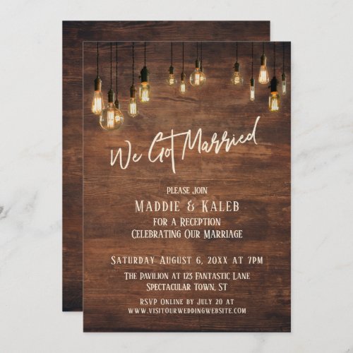 Brown Wood Wall with Edison Lights We Got Married Invitation