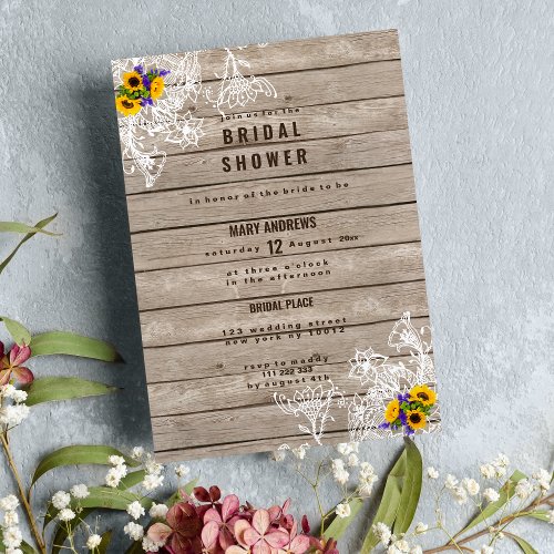 Brown wood white floral sunflower Bridal Shower Invitation