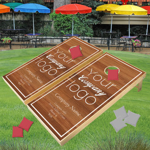 Brown Wood White Minimalist Script Your Logo Here Cornhole Set