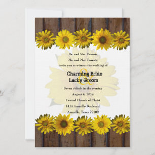 Brown Wood Yellow Sunflower Photo Wedding Invite