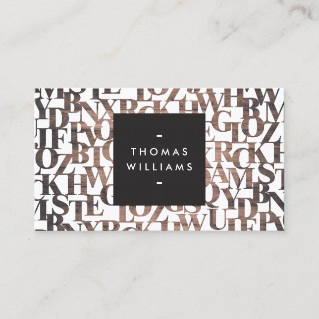 Brown Wooden Abstract Letterforms Authors, Writers Business Card (Front)
