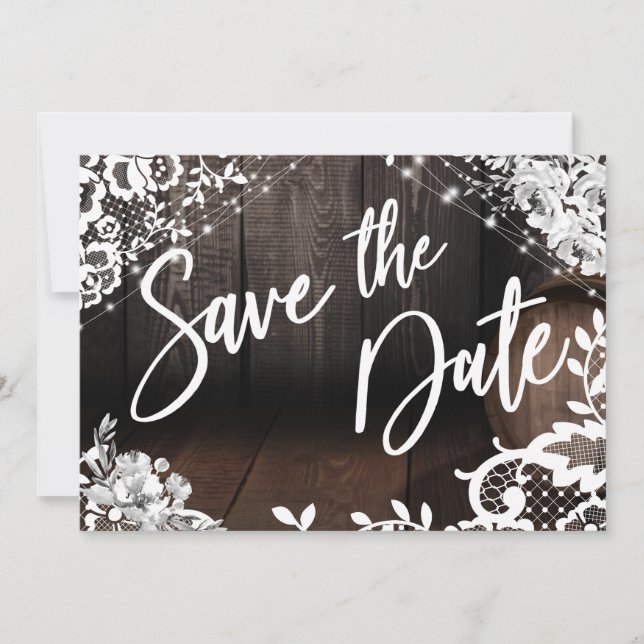 Brown Wooden Barrel Lights White Lace & Flowers Save The Date (Front)
