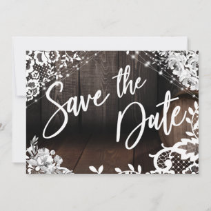 Brown Wooden Barrel Lights White Lace & Flowers Save The Date