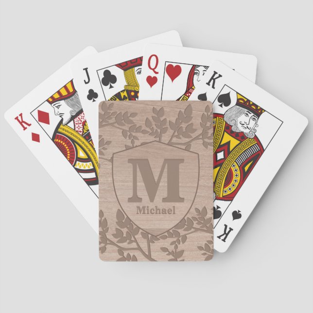 Brown Wooden Bohemian Name Monogram Poker Cards (Back)
