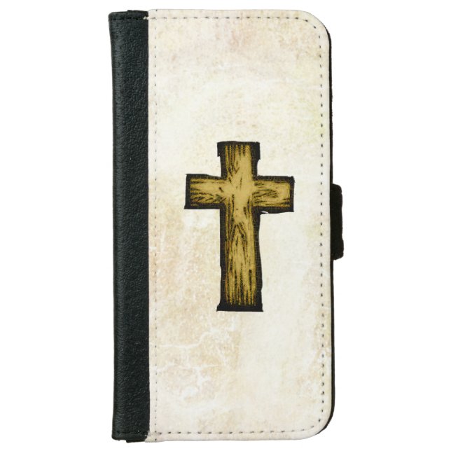 Brown Wooden Cross on Parchment Background iPhone Wallet Case (Front)