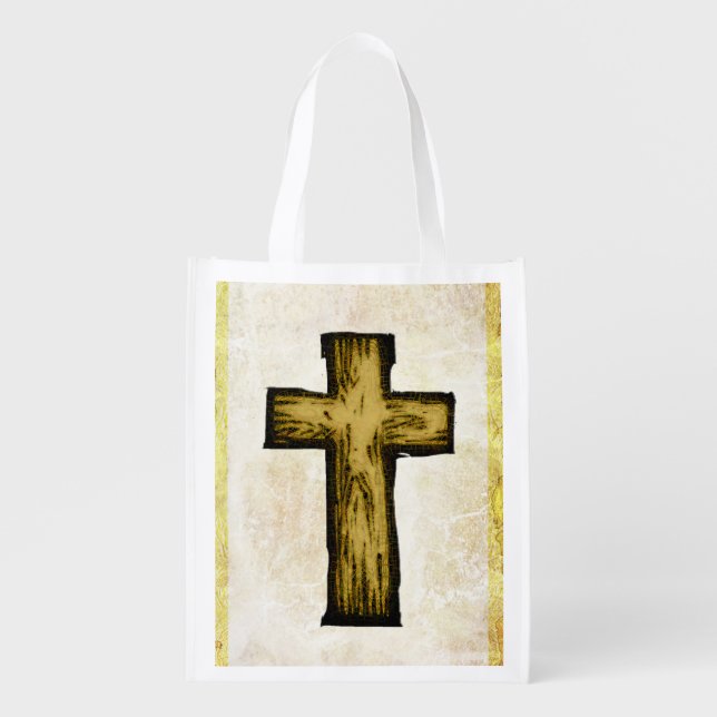 Brown Wooden Cross Symbol of Faith and Hope Grocery Bag (Front)