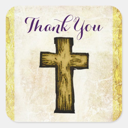 Brown Wooden Cross Thank You Square Sticker