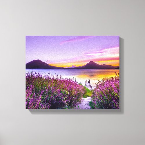 brown wooden dock between lavender flower field canvas print