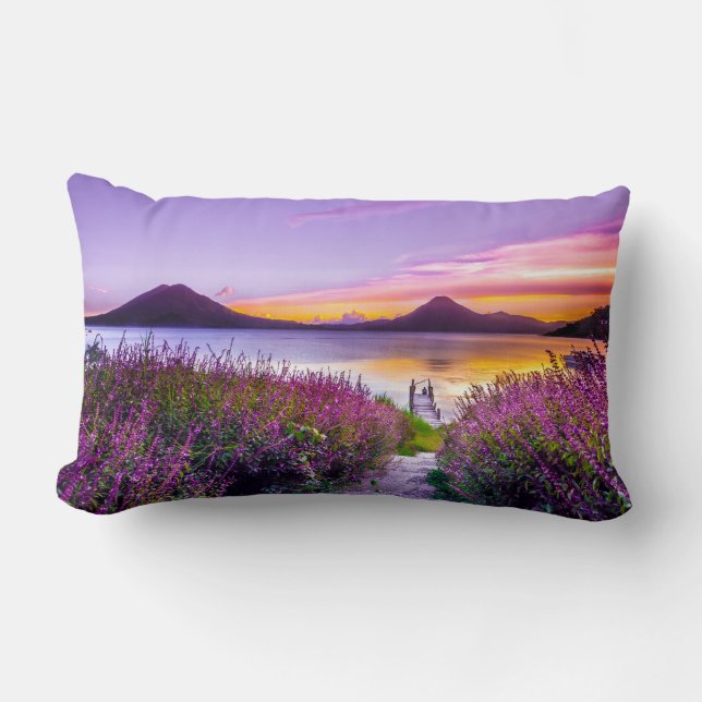 brown wooden dock between lavender flower field lumbar pillow (Front)