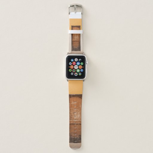 BROWN WOODEN DOOR ON WHITE SNOW COVERED GROUND APPLE WATCH BAND