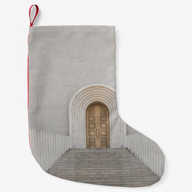 BROWN WOODEN DOOR SMALL CHRISTMAS STOCKING (Front)