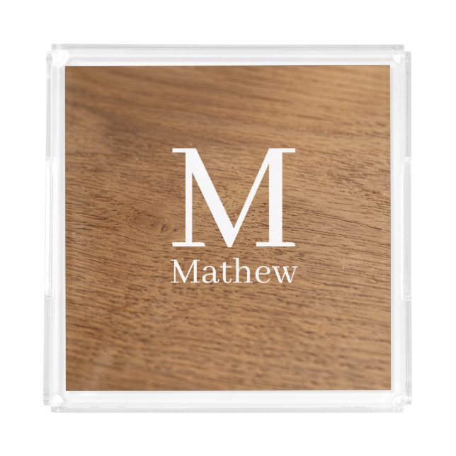 brown wooden frame rustic name monogram pattern si acrylic tray (Front)