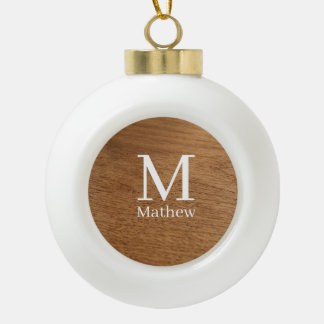brown wooden frame rustic name monogram pattern si ceramic ball christmas ornament
