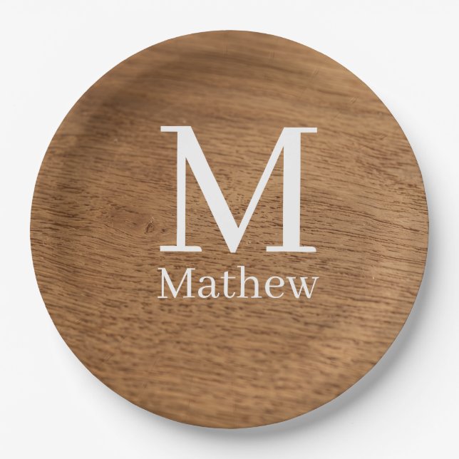 brown wooden frame rustic name monogram pattern si paper plates (Front)