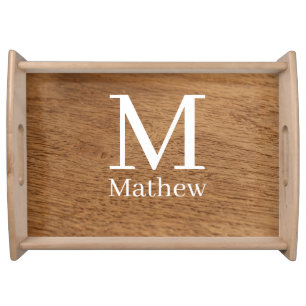 brown wooden frame rustic name monogram pattern si serving tray