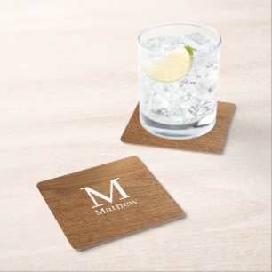 brown wooden frame rustic name monogram pattern si square paper coaster