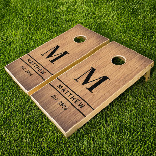 Brown Wooden Grain Monogram Wedding Family Cornhole Set