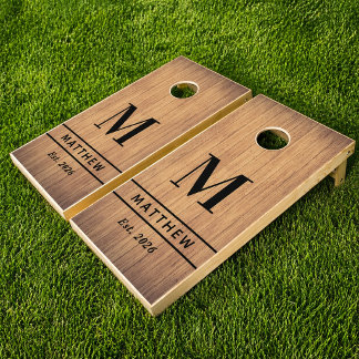 Brown Wooden Grain Monogram Wedding Family Cornhole Set