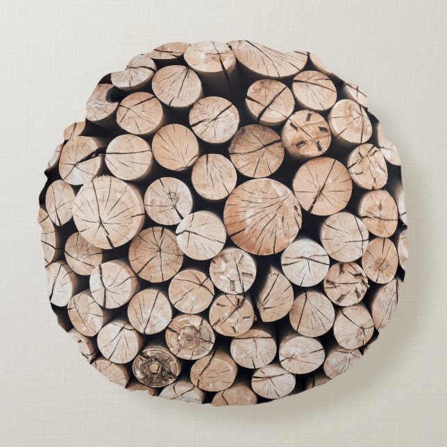 Brown wooden log lot round pillow (Front)