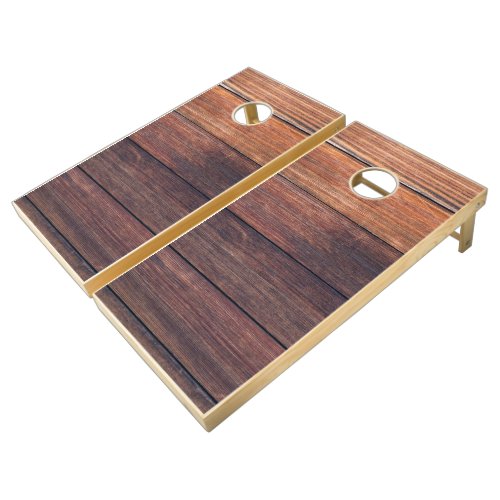 Brown wooden plank cornhole set