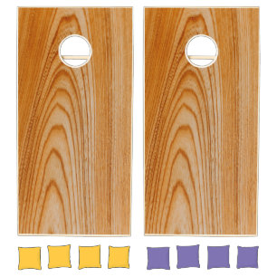 Brown wooden slab cornhole set