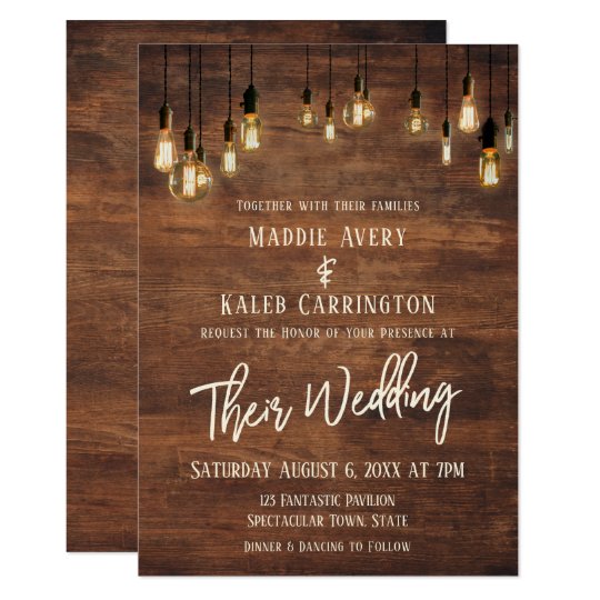 Brown Wooden Wall Edison Lights Typography Wedding Invitation | Zazzle.com