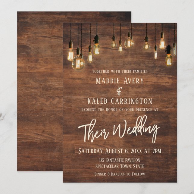 Brown Wooden Wall Edison Lights Typography Wedding Invitation (Front/Back)