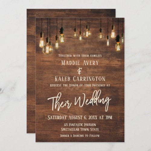 Brown Wooden Wall Edison Lights Typography Wedding Invitation