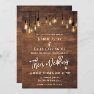 Brown Wooden Wall Edison Lights Typography Wedding Invitation