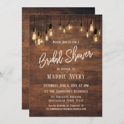 Brown Wooden Wall w Edison Lights Bridal Shower Invitation