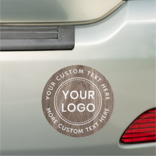 Brown woodgrain background custom logo and text car magnet