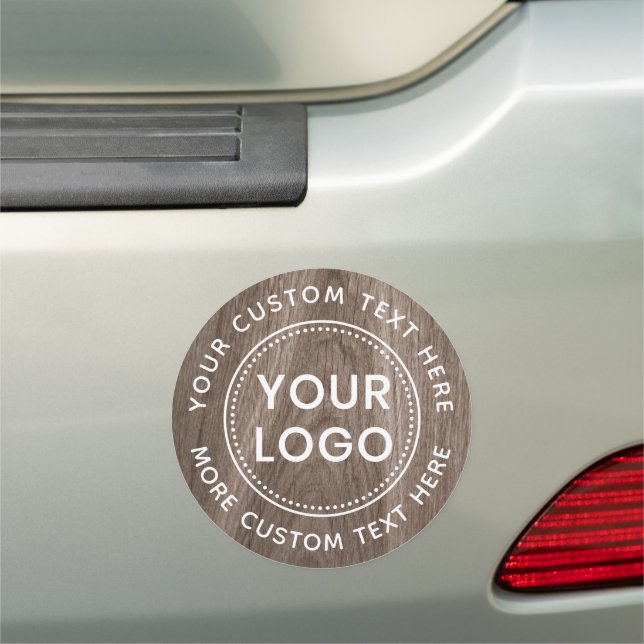 Brown woodgrain background custom logo and text car magnet (In Situ)